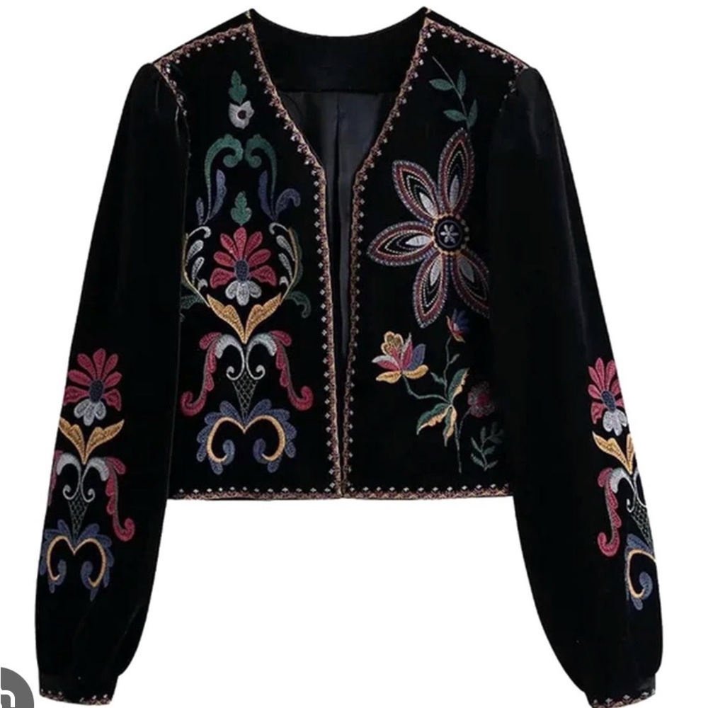 Zara Black Velvet Jacket with Multicolor Embroidery Size Extra Small (XS)